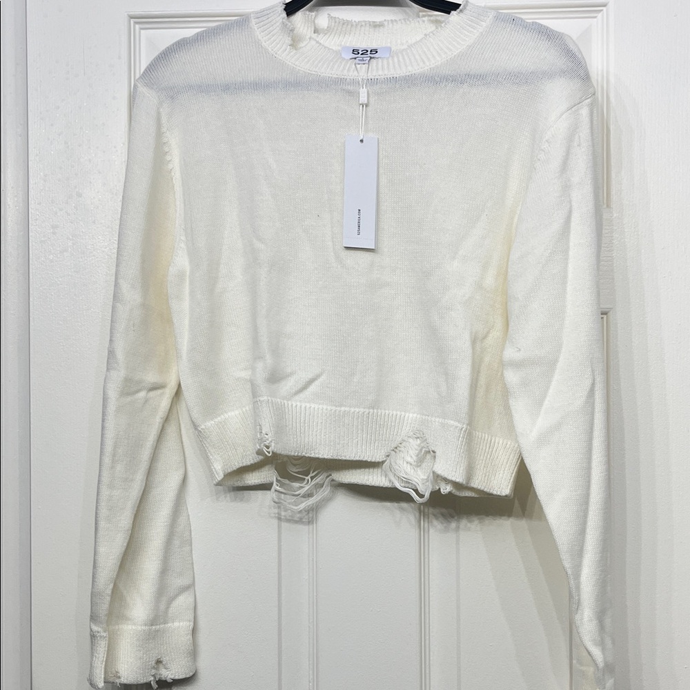 525 America Cream Knit distressed cropped Sweater- born in Brooklyn- size Large